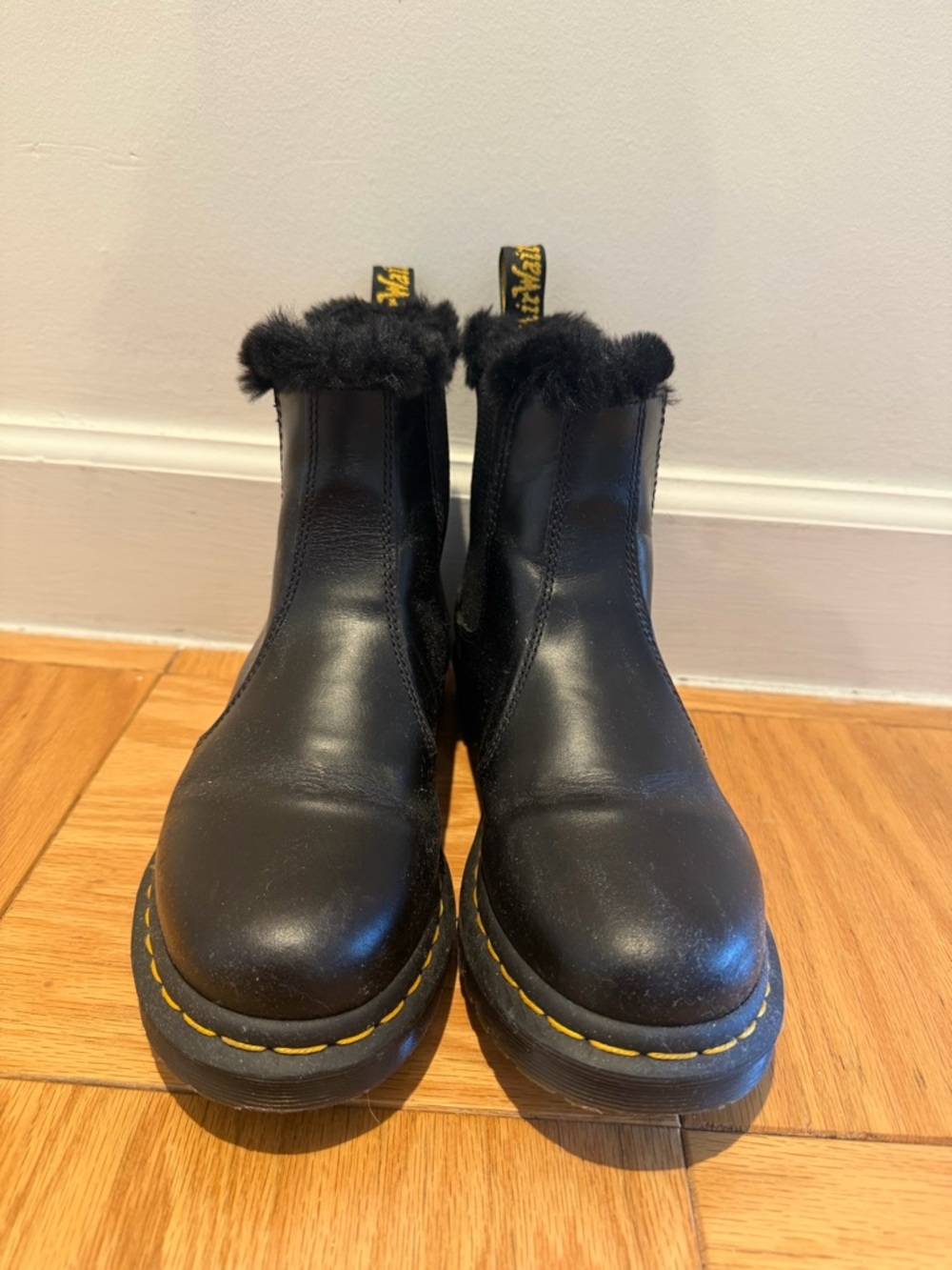 Dr. Martens Black Leather Fur-Trim Chelsea Boots with Yellow Stitching